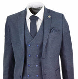 Mens Blue 3 Piece Suit with Double Breasted Waistcoat