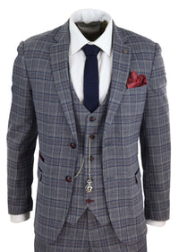 Mens Blue Grey Checkered 3 Piece Suit