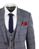 Mens Blue Grey Checkered 3 Piece Suit