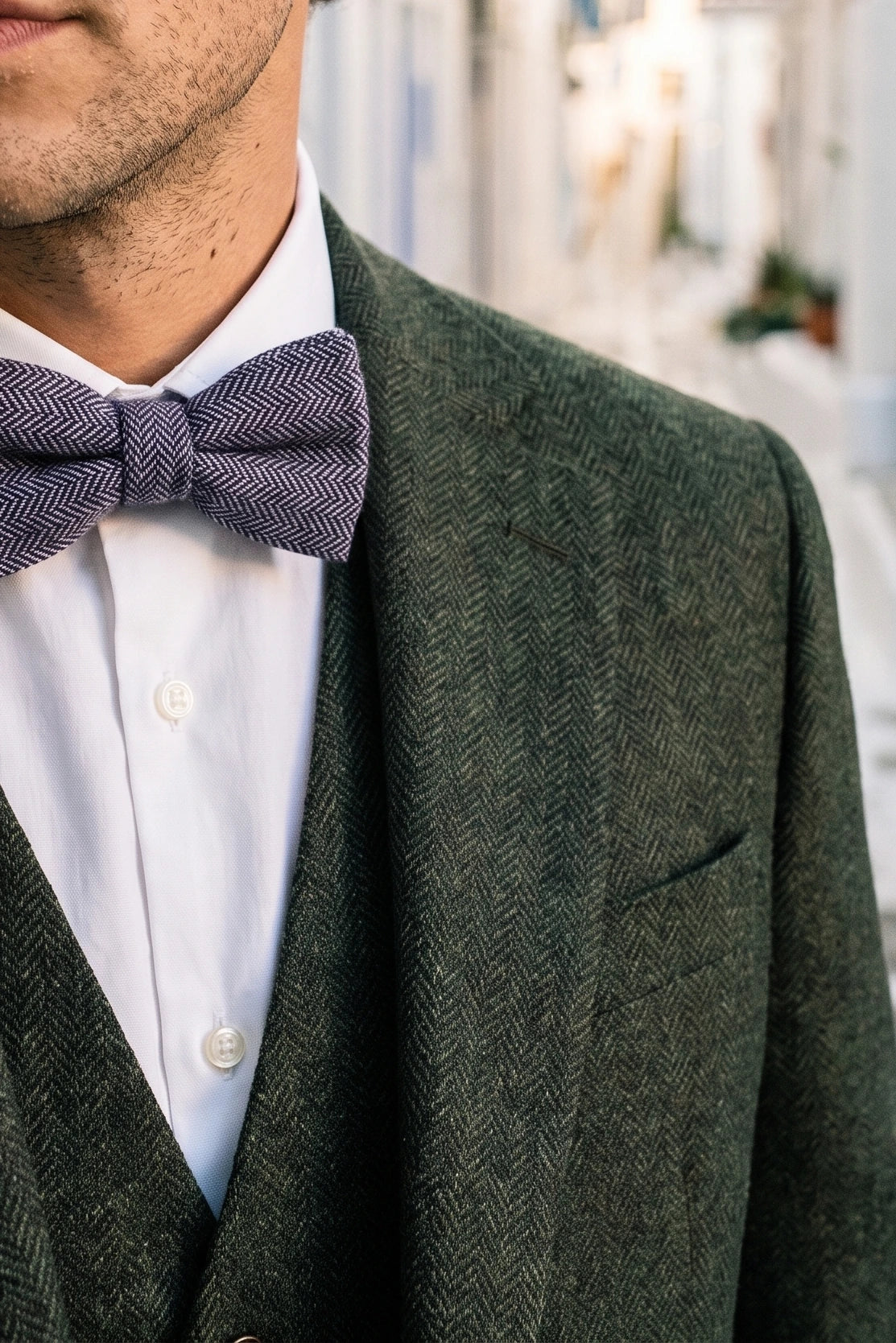 Nœud papillon en tweed bleu à chevrons pour homme