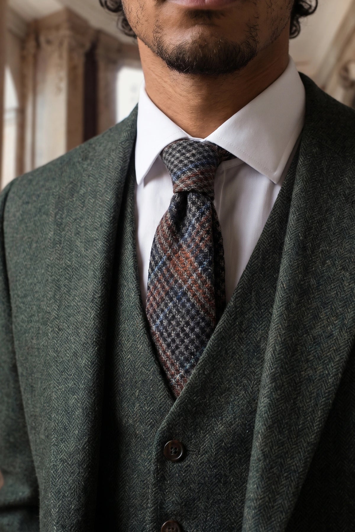 Cravate pour homme en laine mélangée à chevrons marron