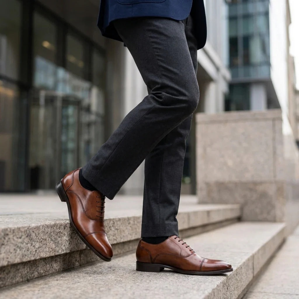 Chaussures Derby pour homme en cuir marron uni à bout rapporté