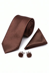 Ensemble cravate marron pour homme avec pochette et boutons de manchette