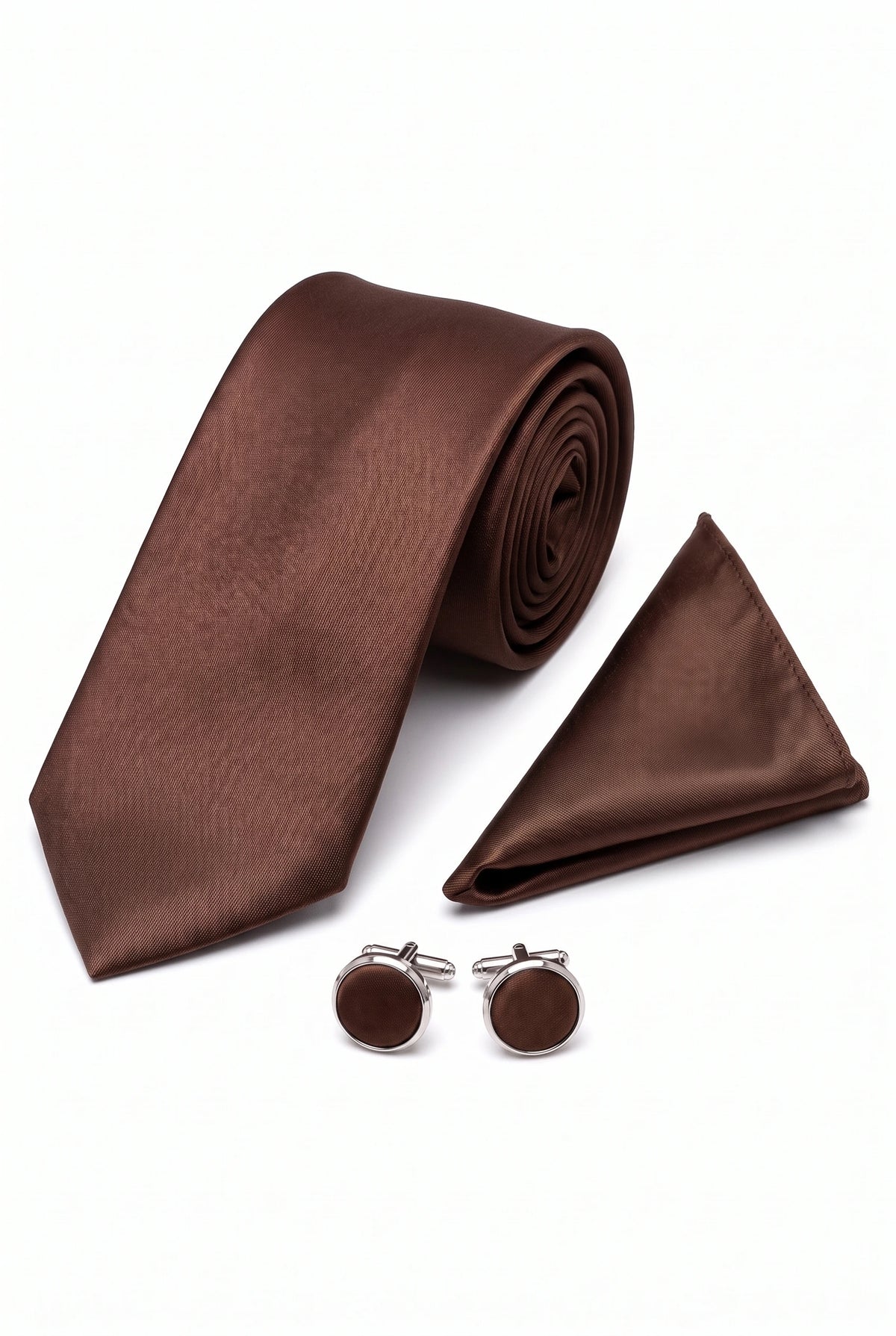 Ensemble cravate marron pour homme avec pochette et boutons de manchette
