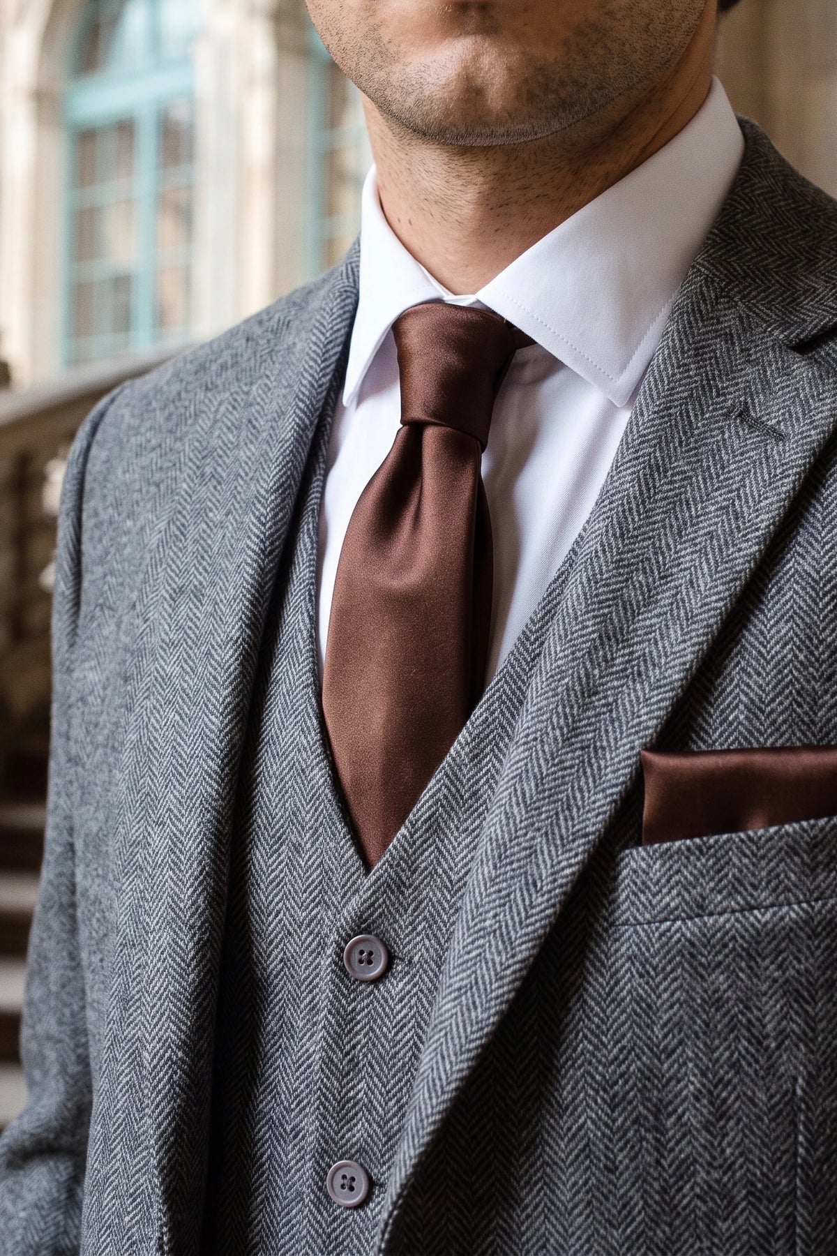 Ensemble cravate marron pour homme avec pochette et boutons de manchette