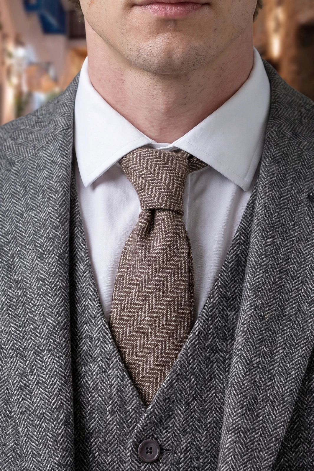 Cravate à chevrons en tweed marron pour homme