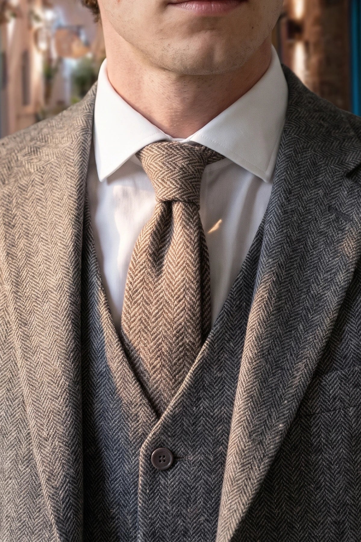 Cravate à chevrons en tweed marron pour homme