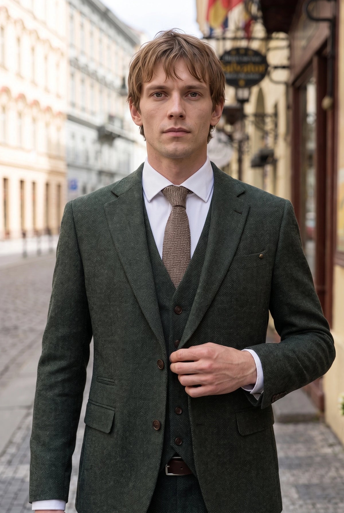 Cravate à chevrons en tweed marron pour homme