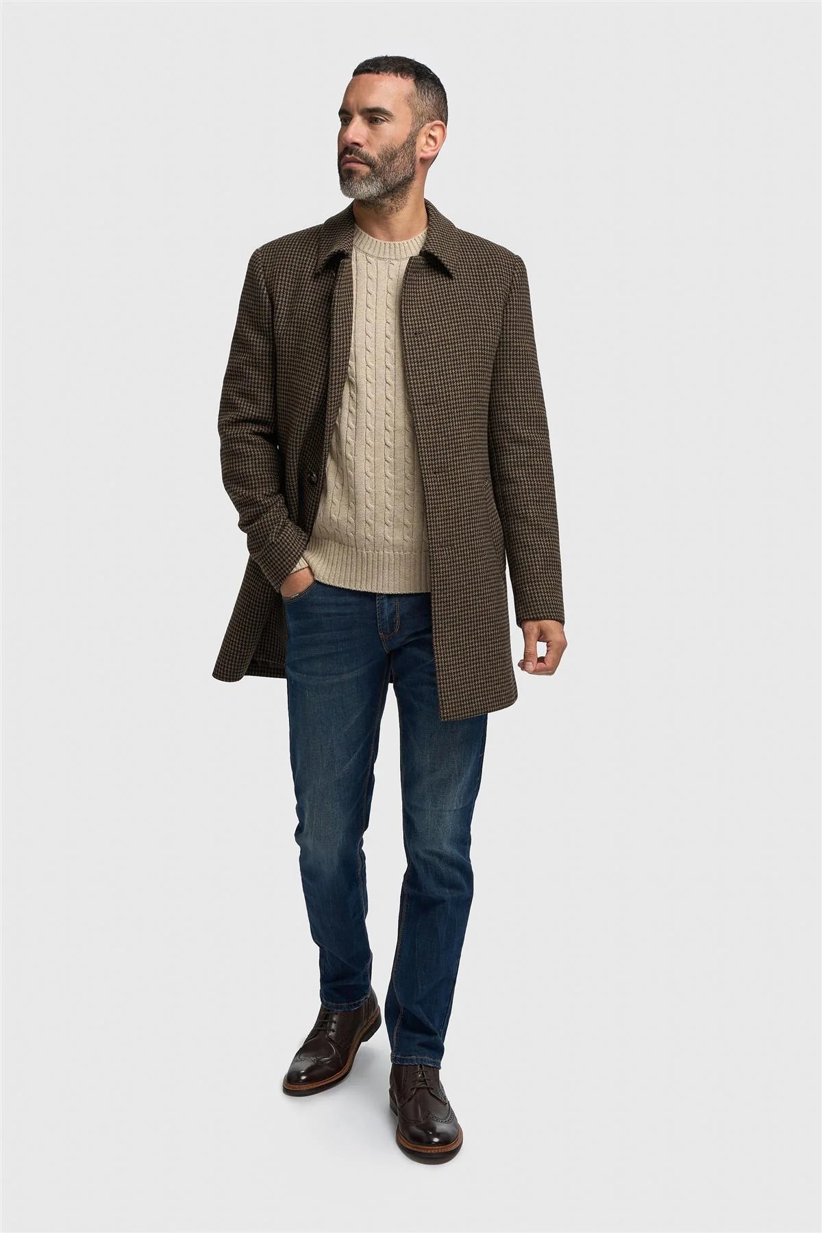 Manteau pour homme en tweed pied-de-poule mélangé laine marron