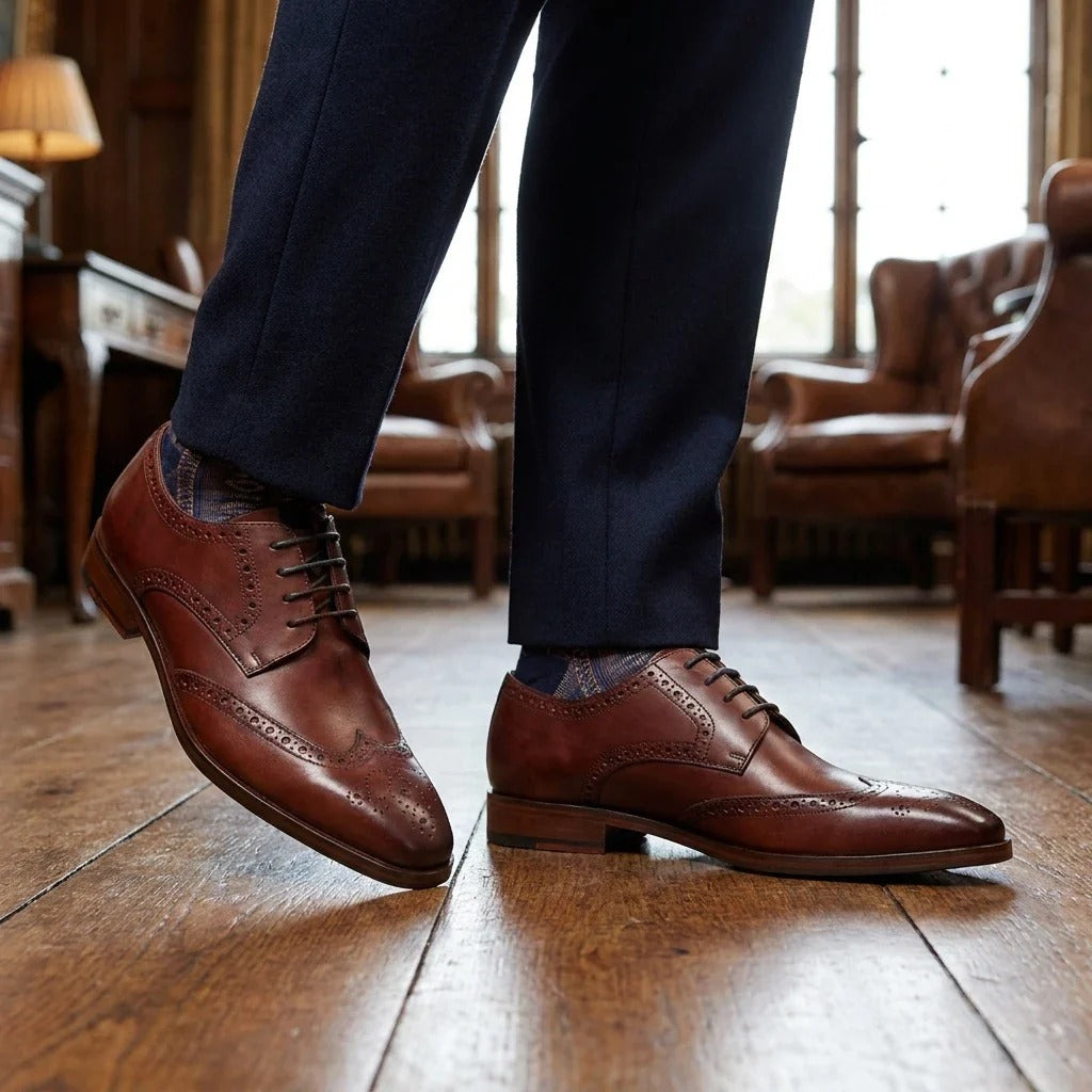 Chaussures brogues classiques à lacets en cuir bordeaux pour hommes