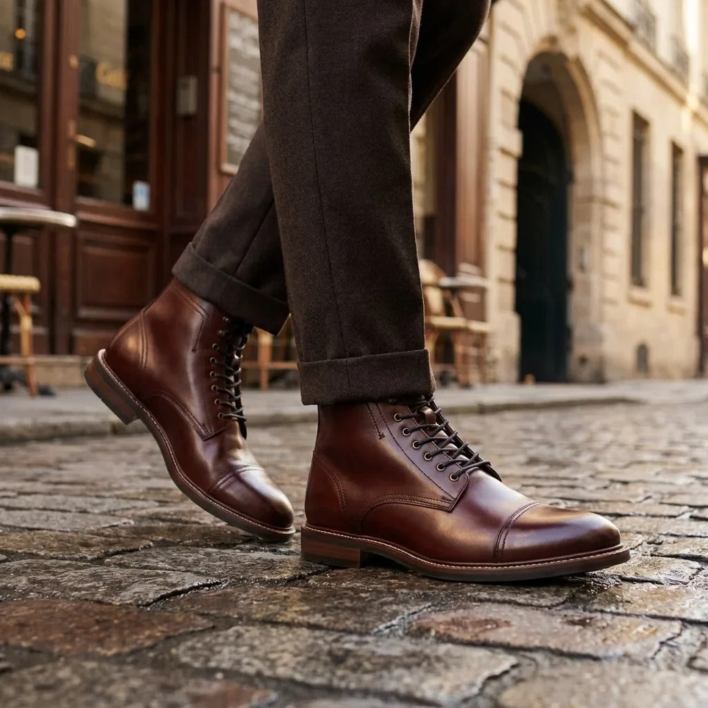 Bottines Balmoral pour homme, en cuir bordeaux, à revers.