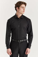 Chemise habillée classique pour homme, à poignets mousquetaires et col italien - Noire