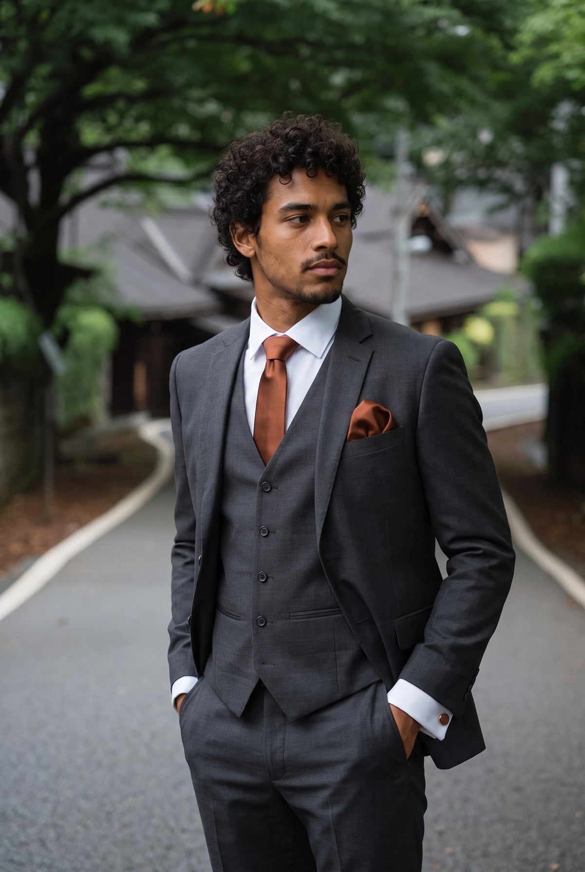 Ensemble cravate en cuivre pour homme avec pochette et boutons de manchette