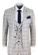 Mens Cream Blue Check Wedding Suit