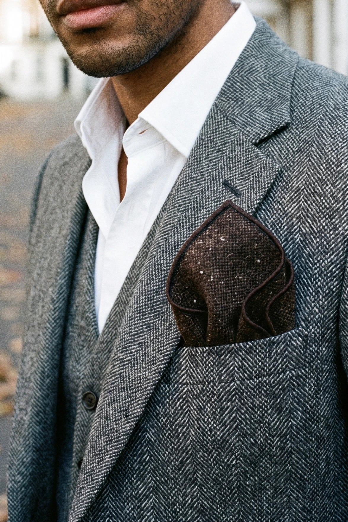 Pochette de costume pour homme en tweed marron foncé mélangé laine