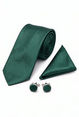 Ensemble cravate vert forêt pour homme avec pochette et boutons de manchette