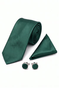 Ensemble cravate vert forêt pour homme avec pochette et boutons de manchette