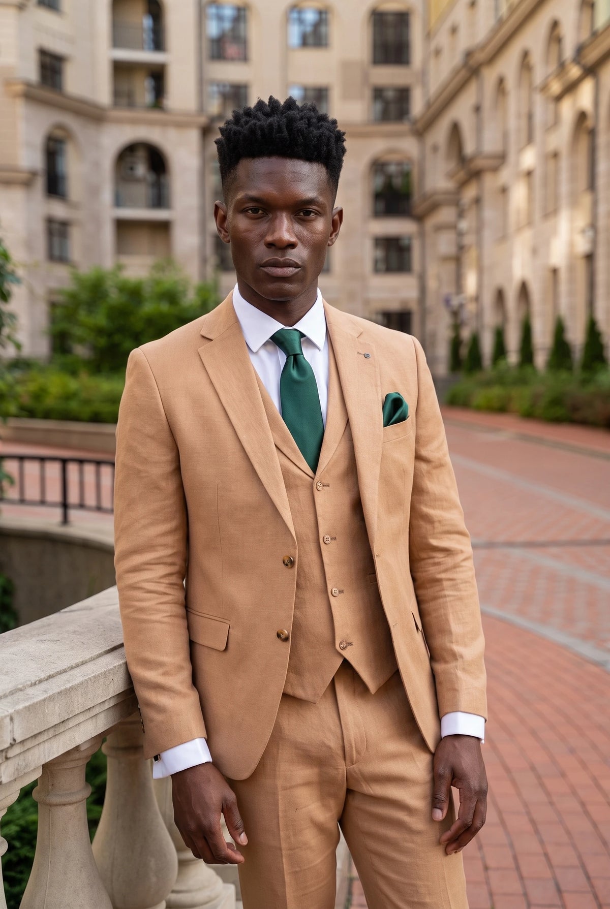 Ensemble cravate vert forêt pour homme avec pochette et boutons de manchette
