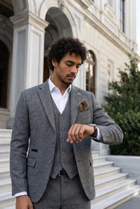 Pochette de costume pour homme en tweed doré mélangé laine