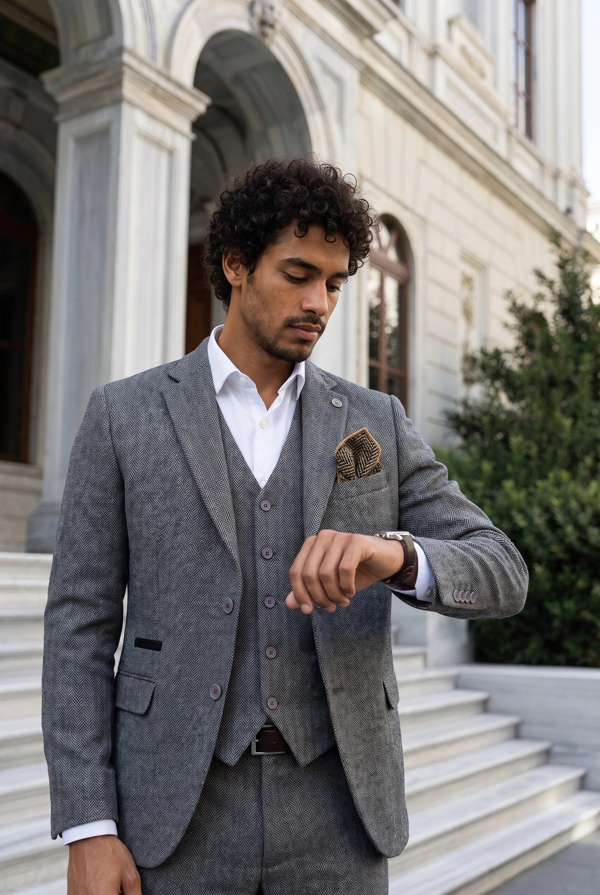 Pochette de costume pour homme en tweed doré mélangé laine