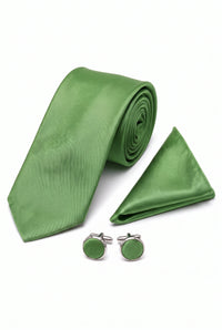 Ensemble cravate verte pour homme avec pochette et boutons de manchette assortis