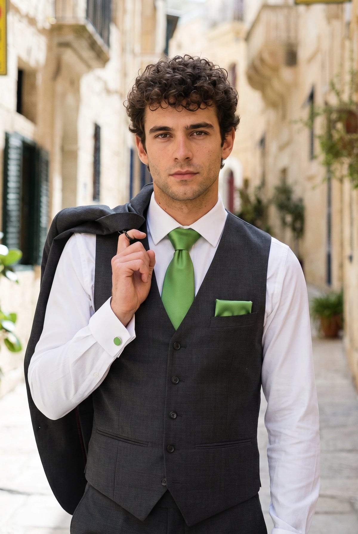 Ensemble cravate verte pour homme avec pochette et boutons de manchette assortis