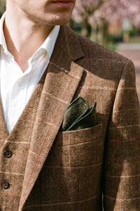 Pochette de costume pour homme en tweed vert mélangé laine