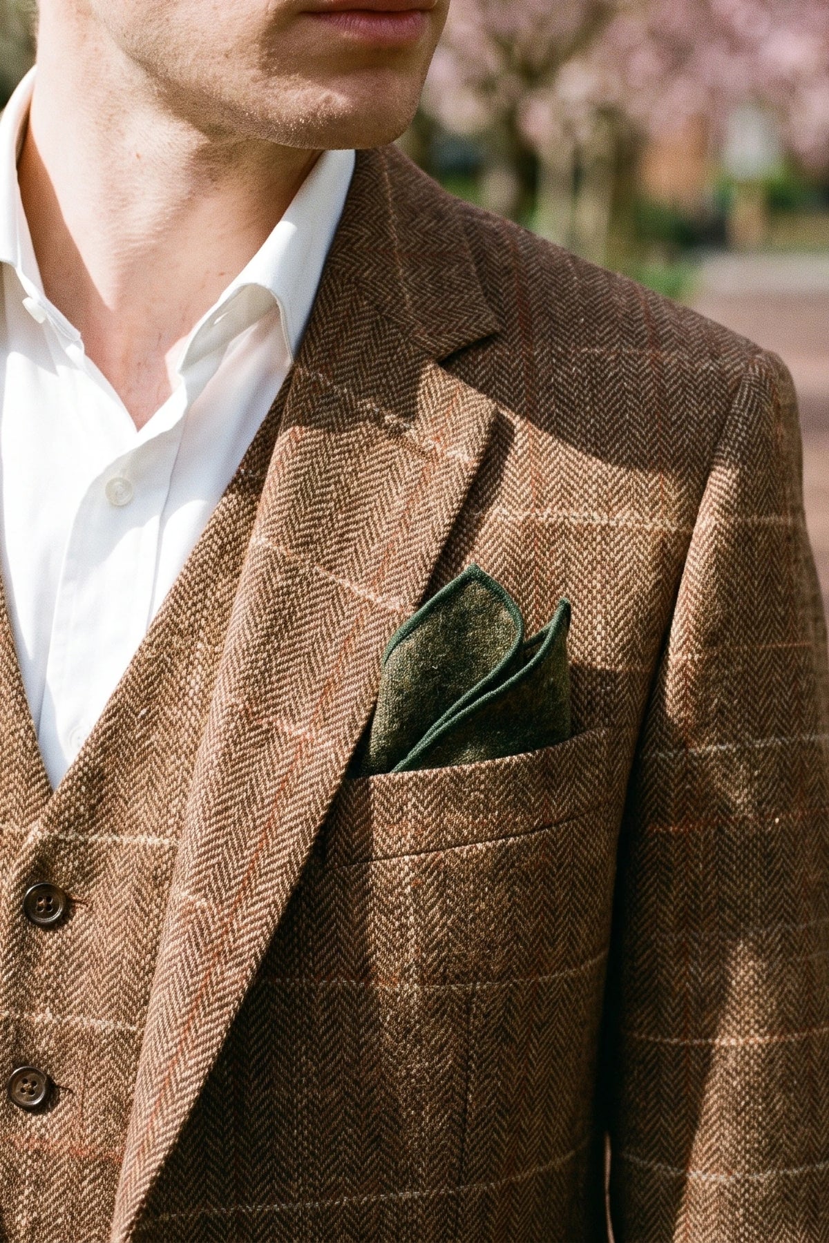 Pochette de costume pour homme en tweed vert mélangé laine