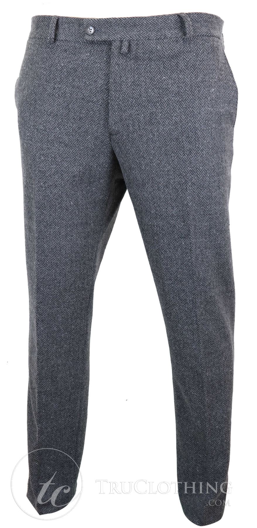Mens Grey Charcoal Tweed Herringbone Wool Trousers - Charcoal