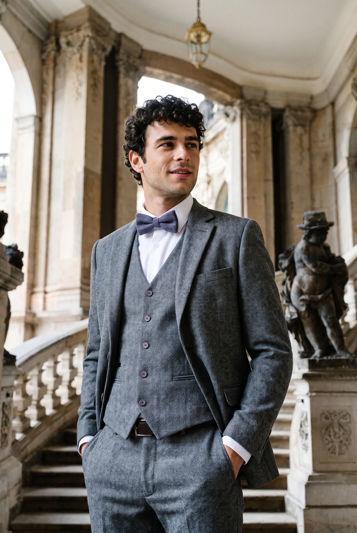 Nœud papillon en tweed gris pour homme, mélange de laine