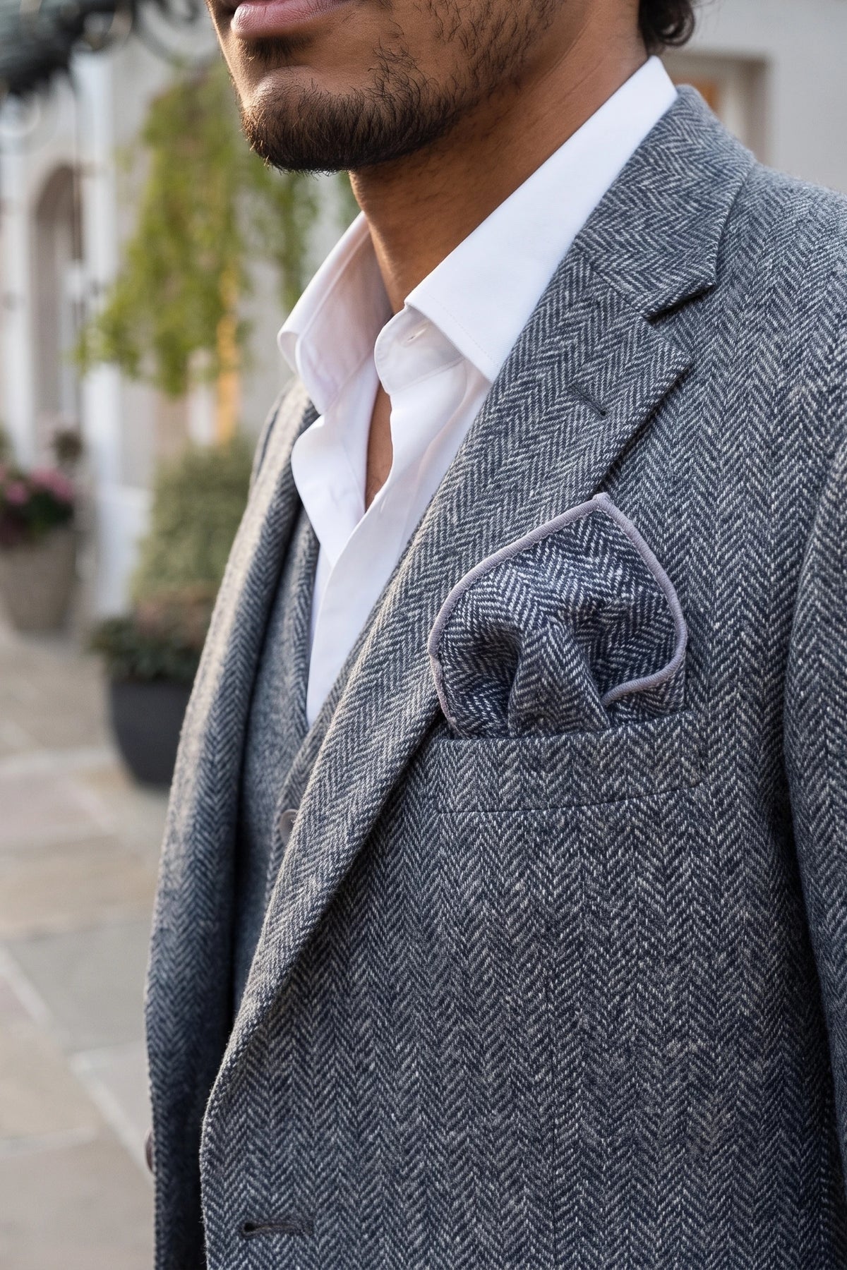Pochette de costume pour homme en tweed gris mélangé laine