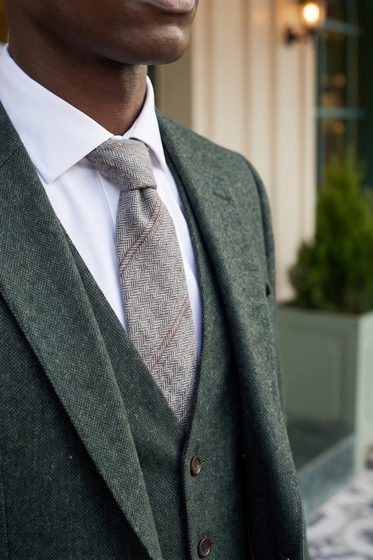 Cravate à chevrons en tweed de laine grise pour homme