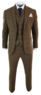 Mens Herringbone Tweed Check 3 Piece Wool Suit Peaky Blinders - Tan Brown