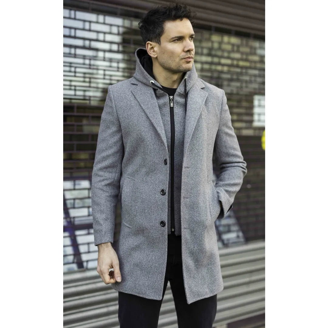 Manteau classique à capuche pour homme en laine mélangée