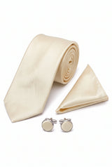 Ensemble cravate ivoire pour homme avec pochette et boutons de manchette