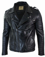 Real Leather Cross Zip Vintage Retro Mens Biker Jacket Black Urban Slim Fit-XXXL-Black