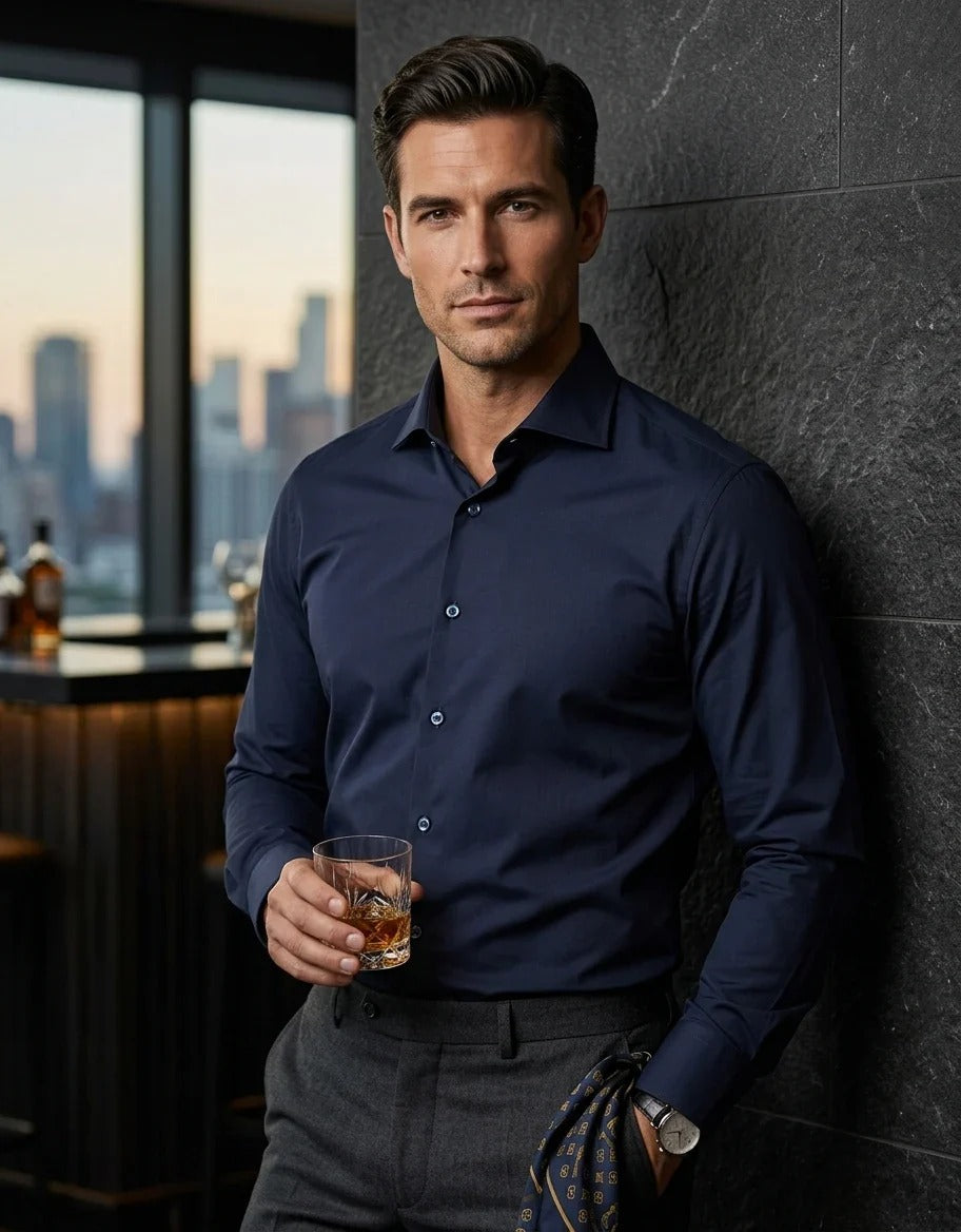 Chemise habillée à manches longues pour homme - Bleu marine