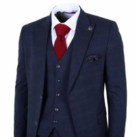 IM54 - Costume trois pièces homme bleu marine à carreaux, coupe ajustée