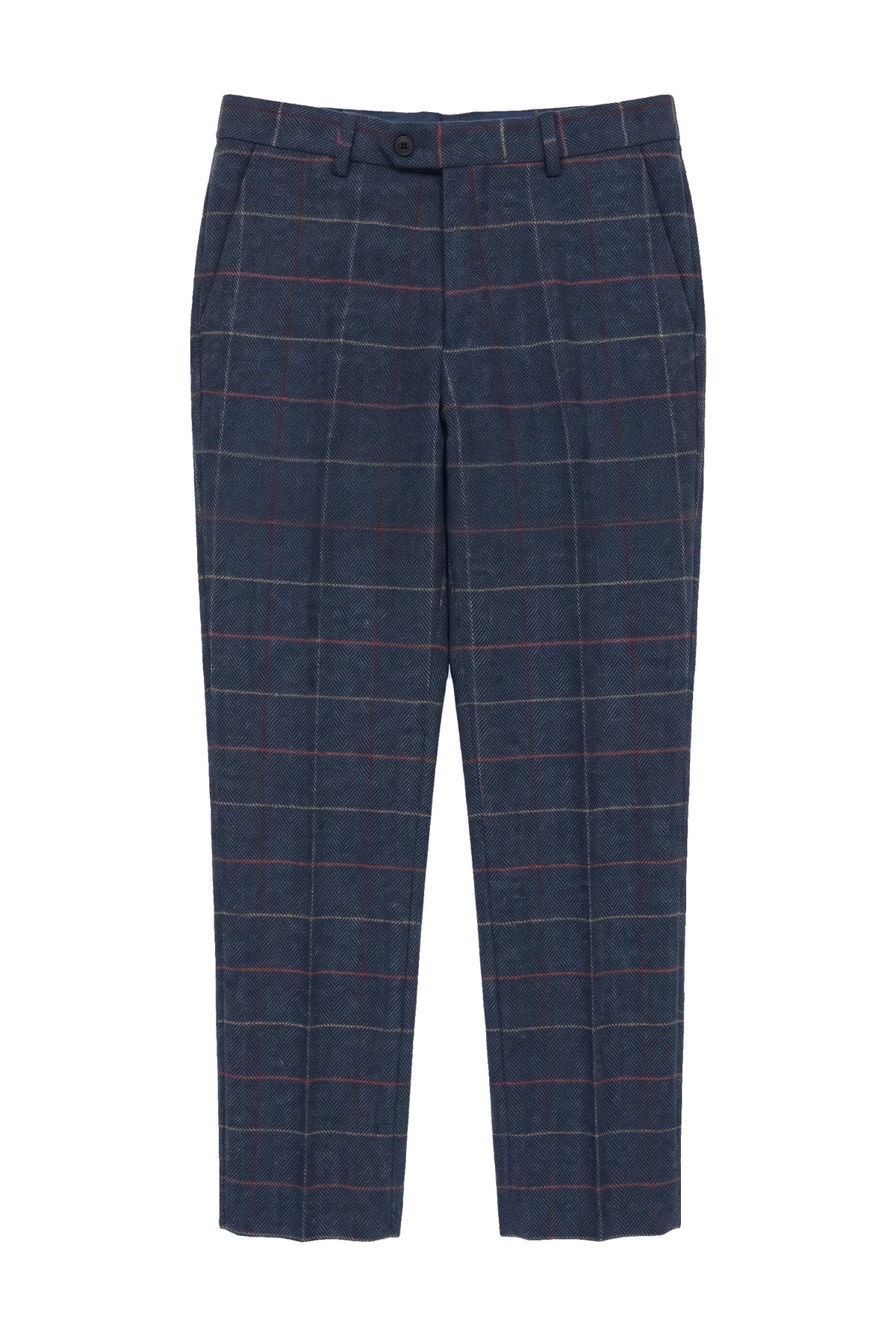 Pantalon homme bleu marine bordeaux à carreaux en tweed à chevrons vintage Marc Darcy