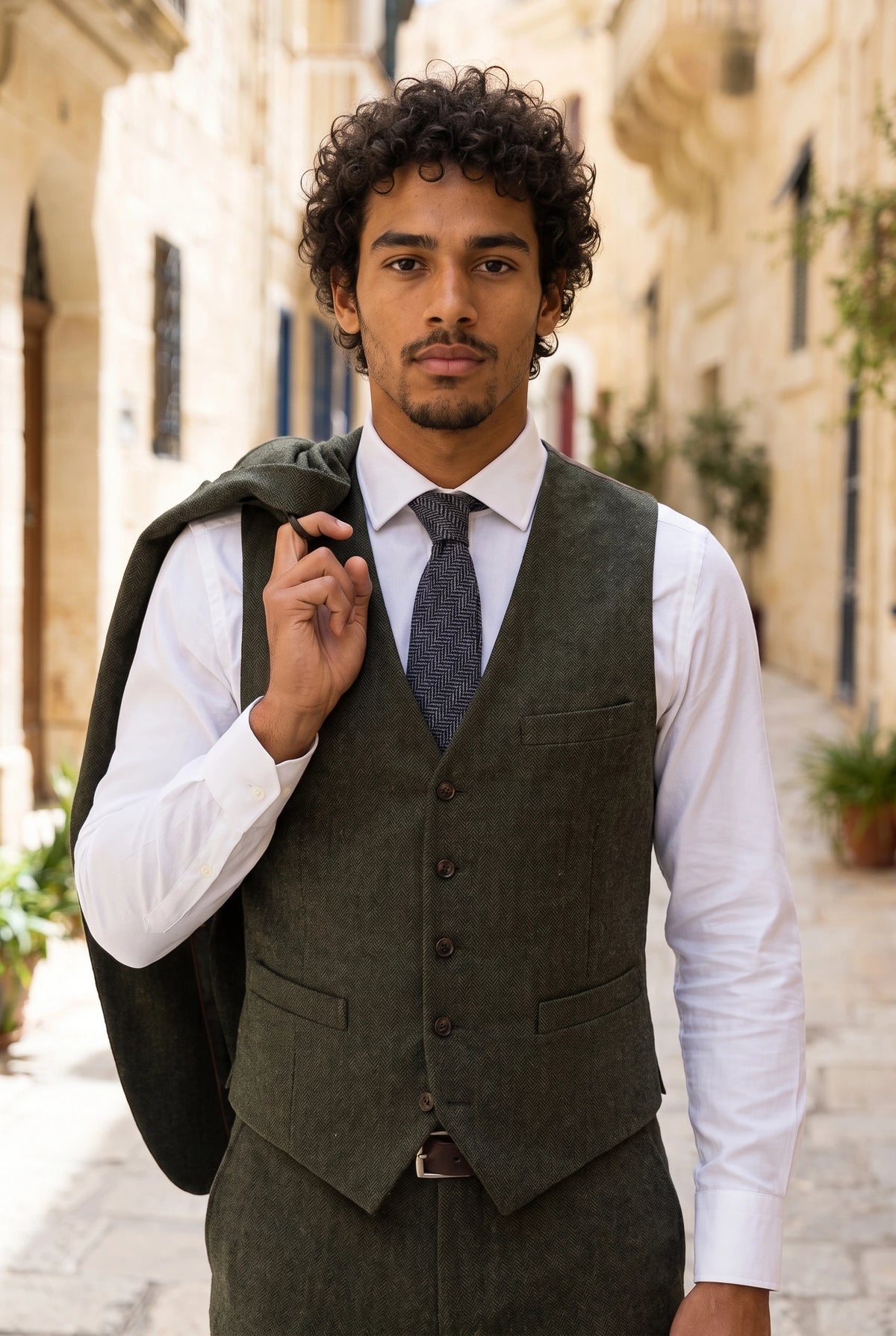 Cravate en tweed de laine mélangée à chevrons bleu marine pour homme