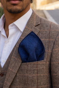 Pochette de costume pour homme en tweed bleu marine mélangé laine