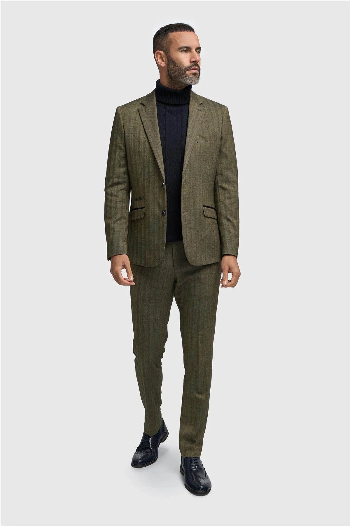 Blazer en tweed vert olive à chevrons pour homme