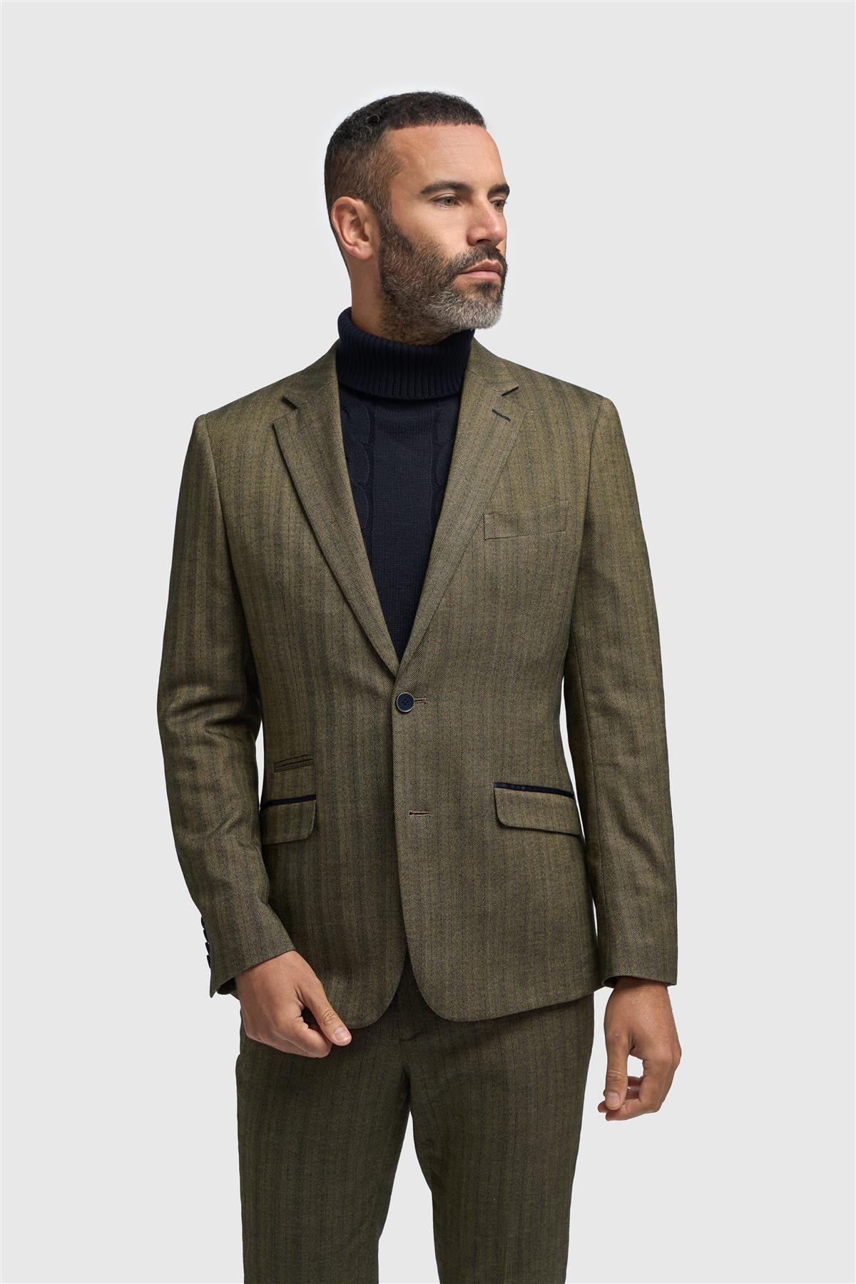 Blazer en tweed vert olive à chevrons pour homme