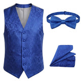 Ensemble 3 pièces pour homme : nœud papillon, mouchoir et gilet à motif cachemire floral - Bleu