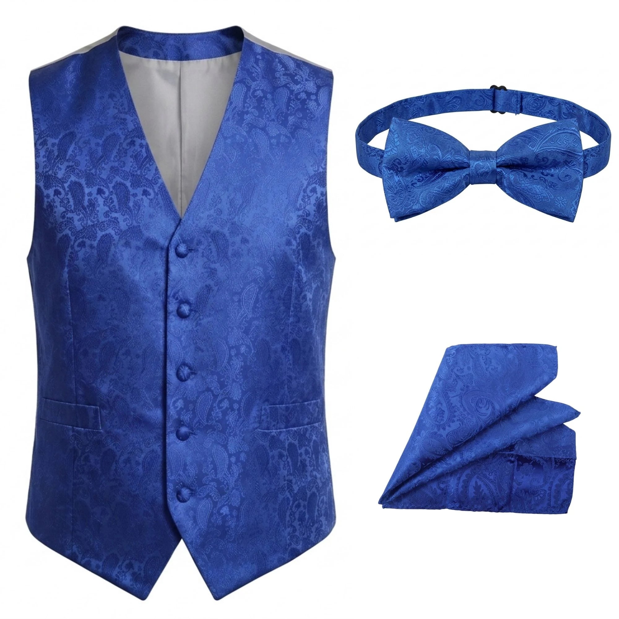 Ensemble 3 pièces pour homme : nœud papillon, mouchoir et gilet à motif cachemire floral - Bleu