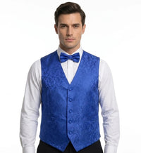 Ensemble 3 pièces pour homme : nœud papillon, mouchoir et gilet à motif cachemire floral - Bleu
