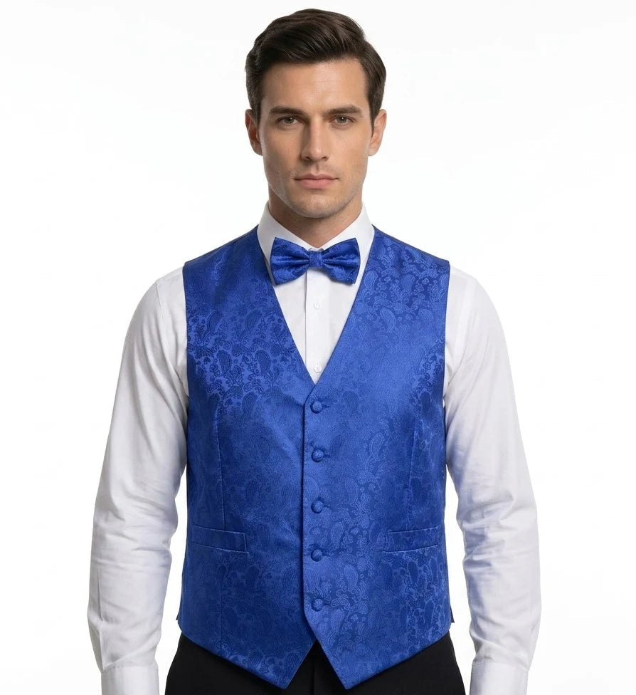 Ensemble 3 pièces pour homme : nœud papillon, mouchoir et gilet à motif cachemire floral - Bleu
