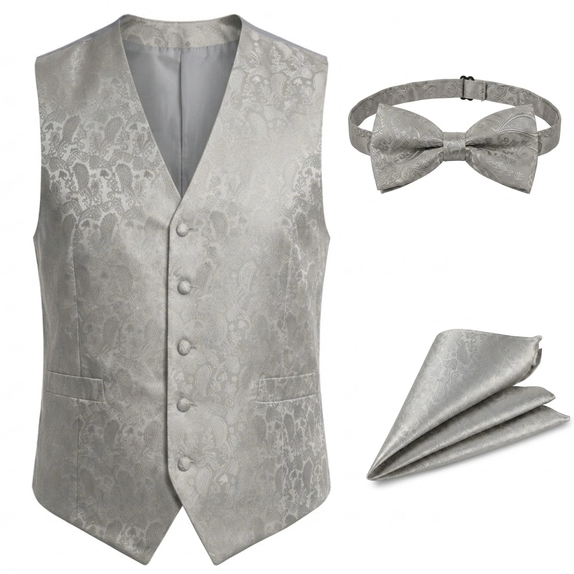 Ensemble trois pièces pour homme à motif cachemire floral : nœud papillon, mouchoir et gilet - Gris