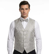 Ensemble trois pièces pour homme à motif cachemire floral : nœud papillon, mouchoir et gilet - Gris