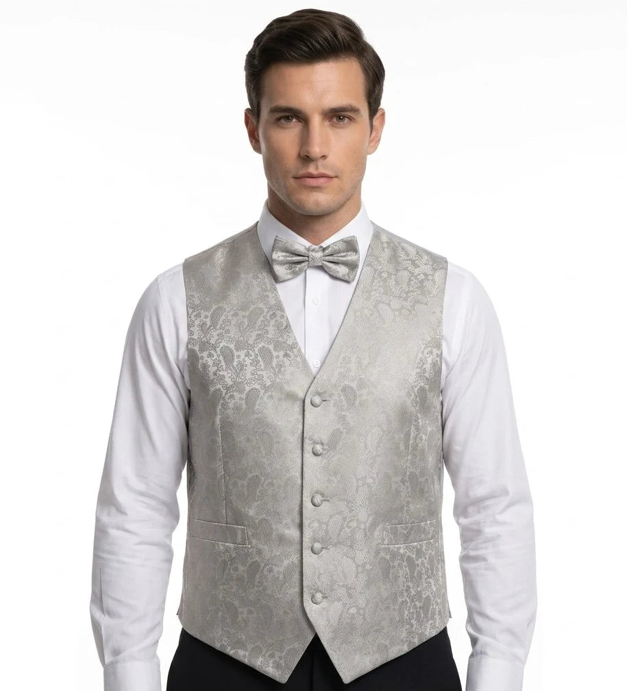 Ensemble trois pièces pour homme à motif cachemire floral : nœud papillon, mouchoir et gilet - Gris